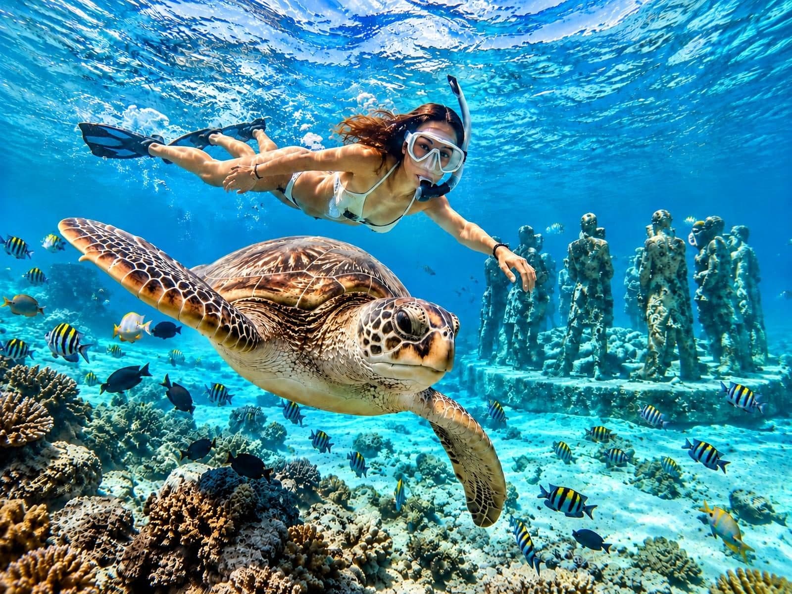 Sea turtle, coral, and underwater statues around the Gili Islands