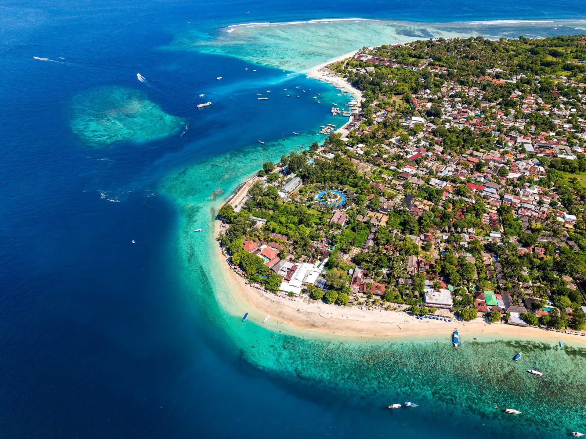 Aerial view of Gili Air’s populated coastline