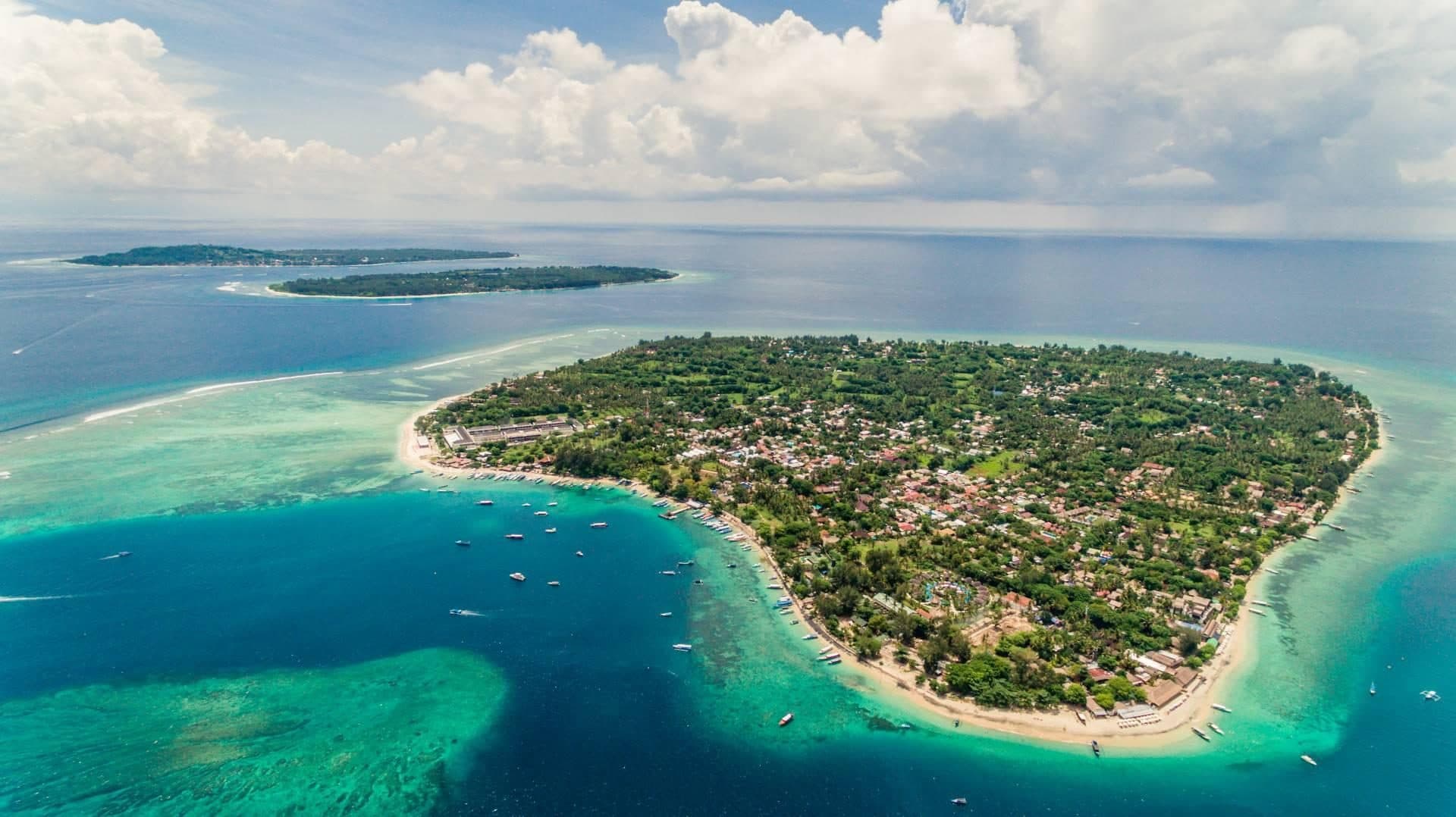Aerial view of lively Gili Trawangan with neighbouring Gilis