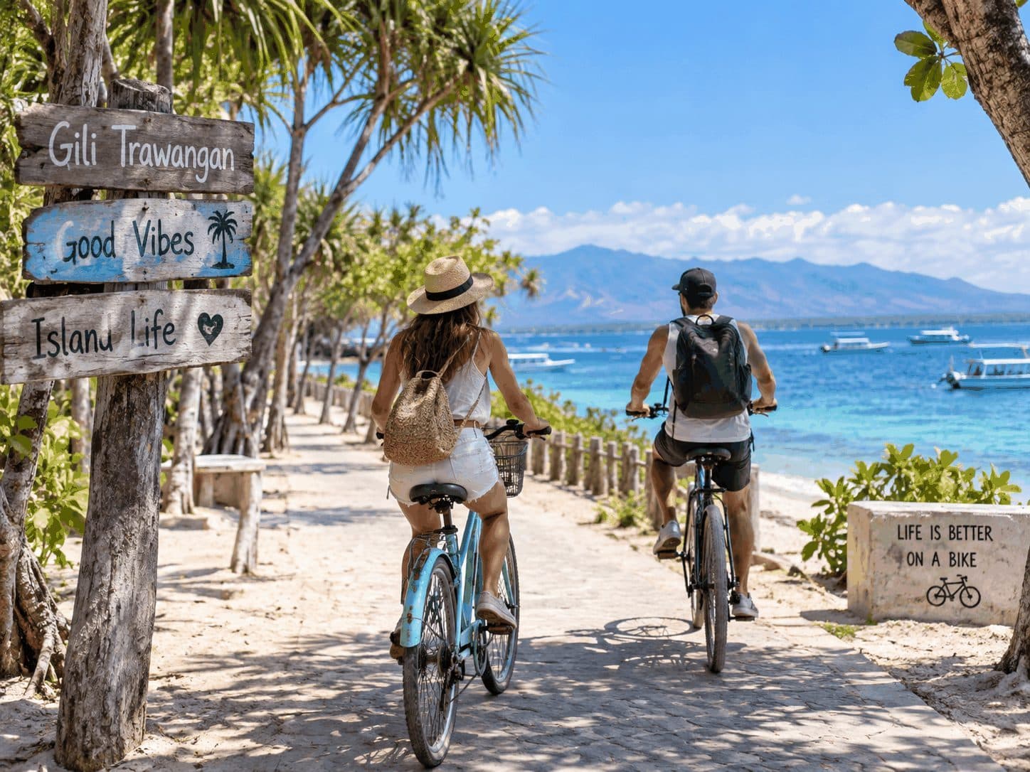 Couple cycling along the Gili Trawangan coastal path