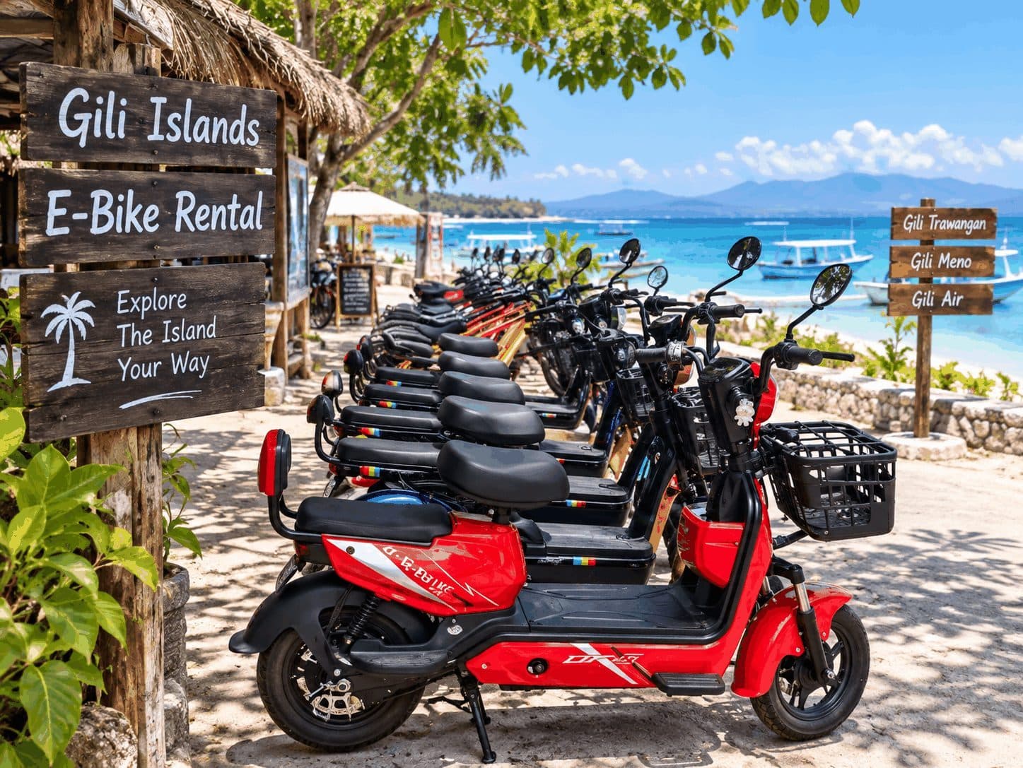 Electric bikes ready for rental on Gili Trawangan