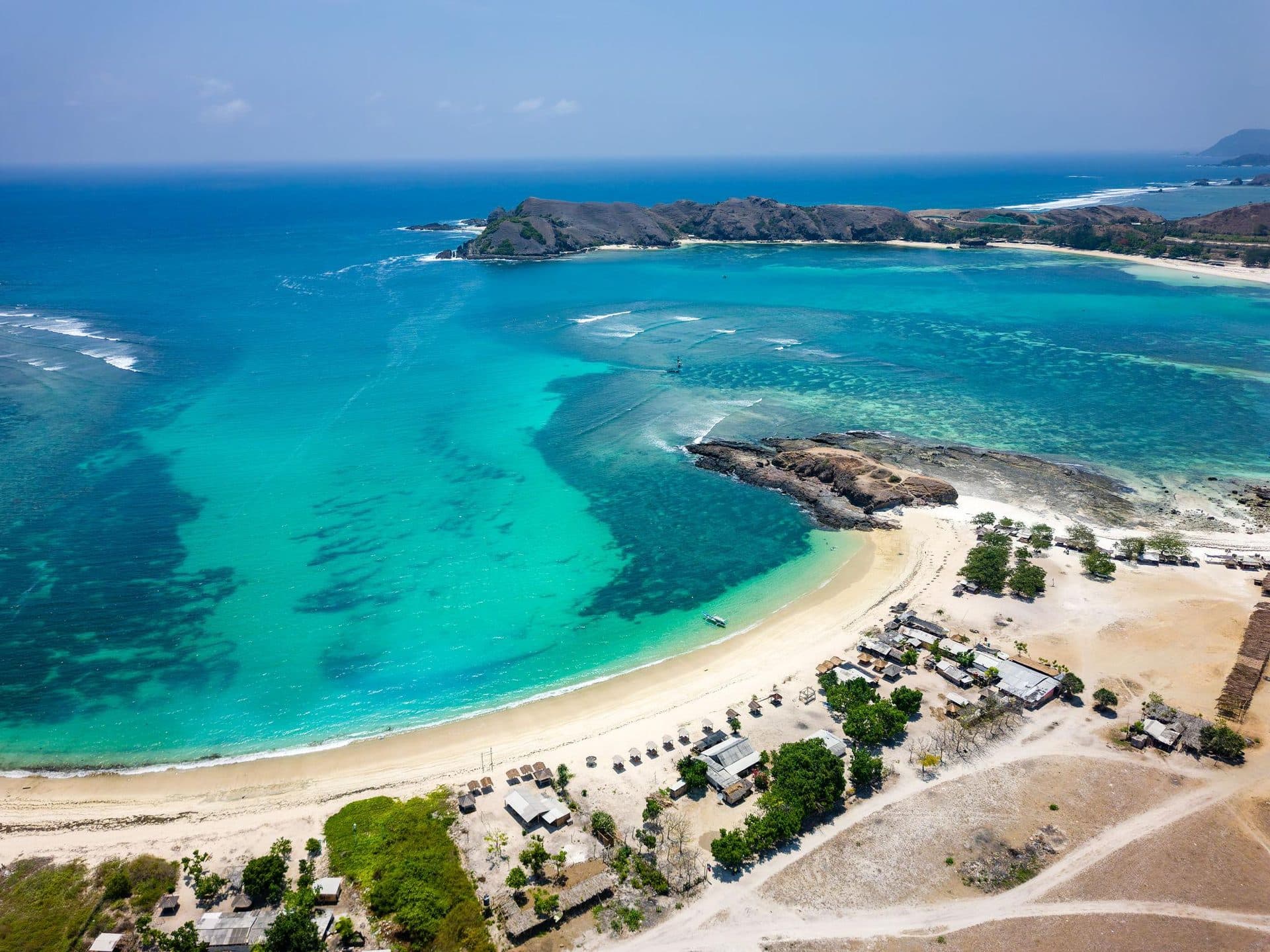 Aerial view of Tanjung Aan and its rocky outcrop